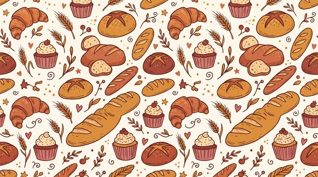 Seamless pattern with various bread loaves baguettes croissants and baked goods hand drawn baguette croissant seamless
