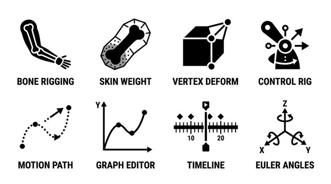3D rigging and motion path graph editor icons with animation deformation timeline character software modeling transform movement technical rendering development interface workspace
