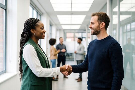 Diverse business colleagues sharing a handshake in a bright office corridor, showcasing professional partnership and workplace diversity for human resources and recruitment marketing.