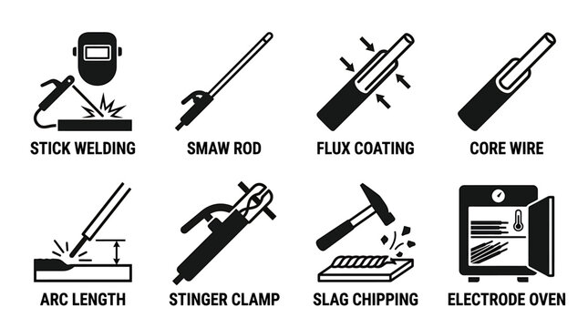 Set of stick welding and smaw process icons for industrial metalwork equipment with electrode chipping industrial metalwork manufacturing construction professional workshop technical hardware