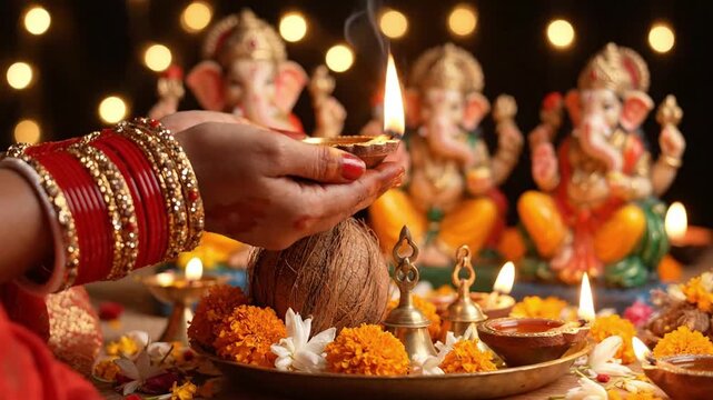Woman holding burning clay diya with traditional red bangles over brass puja thali containing coconut, marigold flowers, and bell for Diwali ... See More