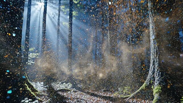 Enchanting moonlit background with floating particles loop concept. Sunlight filtering through forest trees with floating dust particles in peaceful natural woodland