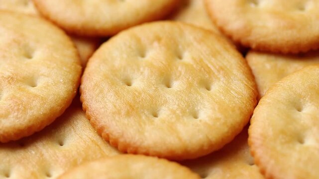 Crispy crackers arranged in a row slowly rotating. Close-up view
