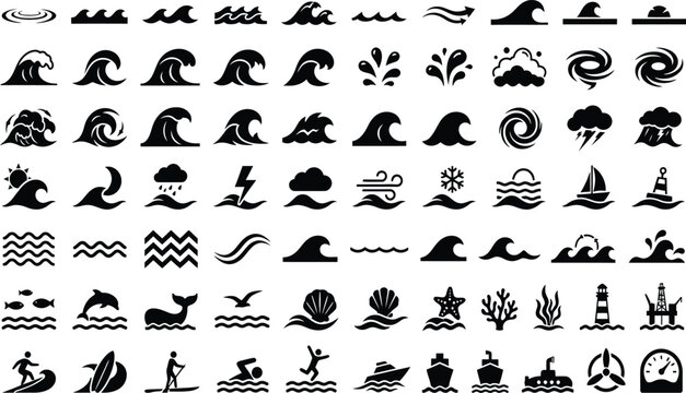 Water waves line icon set. Sea water, lake ripples, ocean storm, tsunami minimal vector illustrations. Simple outline signs for marine weather forecast. Blue duotone color. Editable ...