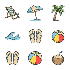 Fototapeta premium Dynamic Colorful Beach and Summer Icons Set with Deck Chair Umbrella Flip Flops Beach Ball Waves and Cocktail