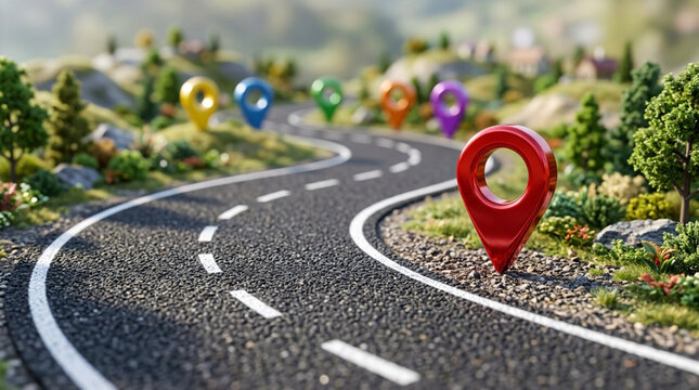 Curving asphalt road with colorful map pins and green landscape