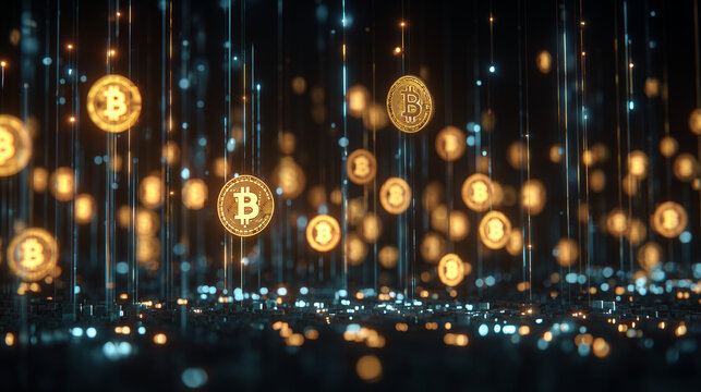 Abstract digital background with Bitcoin symbols floating in the air, surrounded by glowing data streams and pixelated lights