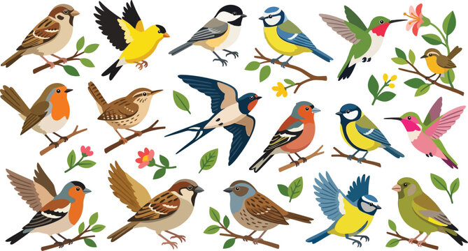 Various small garden birds perched on branches during daytime with floral accents vector illustration