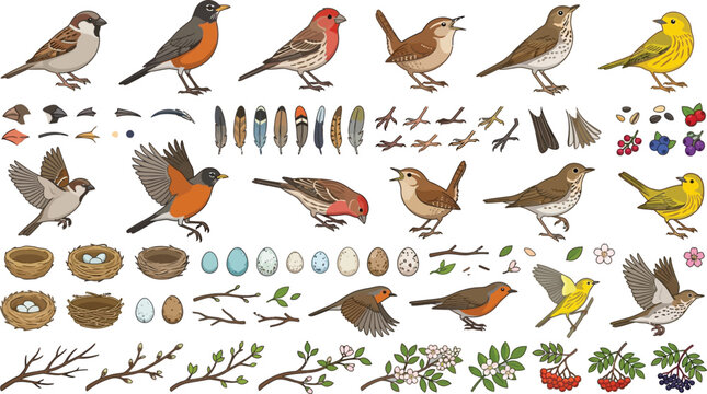 Various small songbirds and nesting elements in a clean vector illustration style