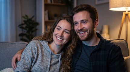 Fototapeta premium Happy young couple watching movie at home, smiling man and woman relaxing on sofa in cozy living room, evening leisure and entertainment concept