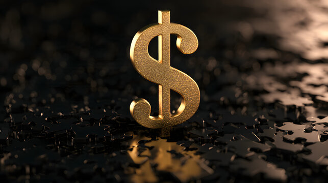 Golden dollar sign rising from a black jumbled piece surface with a blurred backdrop, symbolizing notions of financial fortune and economic expansion