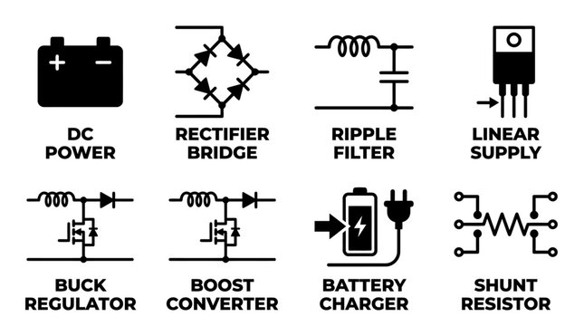 Electronics and power supply circuit components icon set with electronics regulator converter rectifier resistor technical component schematic electric engineering hardware inductor