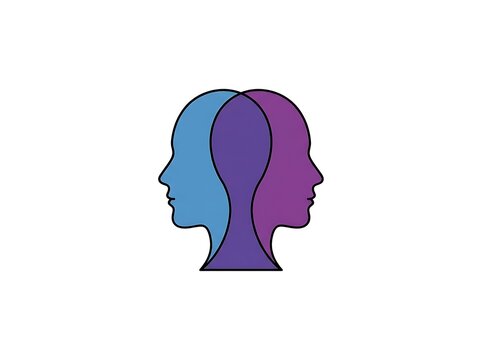 Minimalist illustration of two human head profiles overlapping in blue and purple colors.