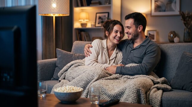 Happy young couple watching movie at home, cozy evening on sofa with popcorn and blanket, romantic night in living room with warm lighting