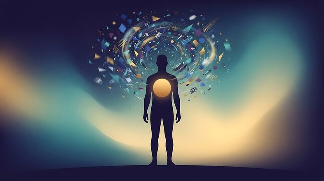 Silhouette of a person with a glowing core and abstract floating shapes representing consciousness and spiritual awakening.