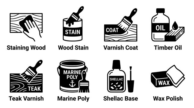 Woodworking and protective coating tools icons set with carpentry woodwork restoration protection furniture treatment applicator maintenance refinishing material illustration monochrome