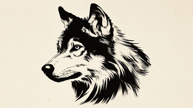 Majestic wolf head portrait rendered in bold black and white ink sketch style on a textured light cream paper background