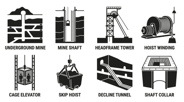 Set of eight black and white icons representing underground mining and shaft infrastructure with underground elevator industrial infrastructure engineering extraction graphics illustration