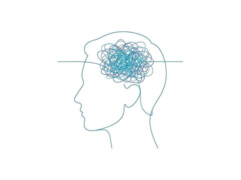 Conceptual illustration of a human head profile with a tangled messy mind representing mental health struggles.