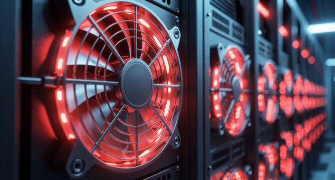 Bitcoin Mining Rig with Red LED Cooling Fans and Cryptocurrency Server Hardware