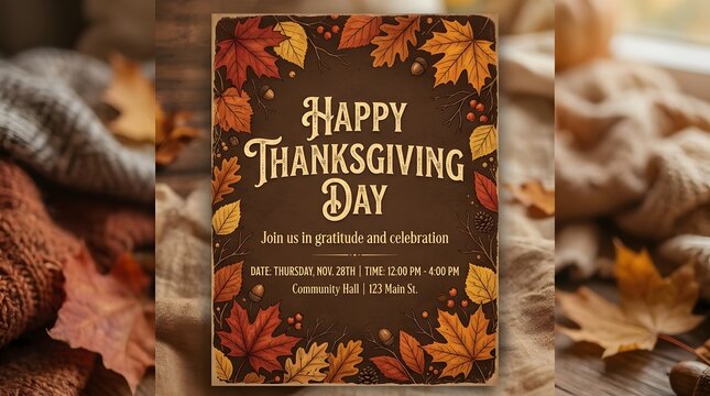 Happy thanksgiving day invitation flyer with autumn leaf border and event details
