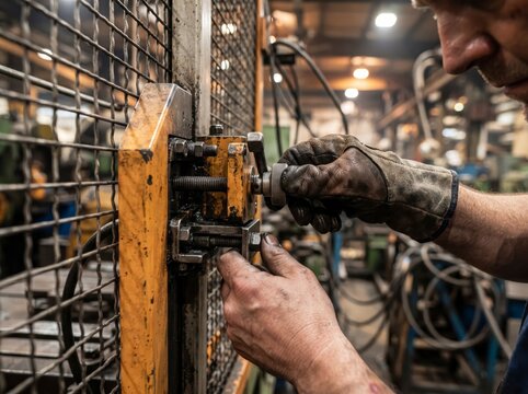 Close-up of a technician's hands adjusting an industrial machine mechanism with a safety guard in a busy manufacturing plant workshop.