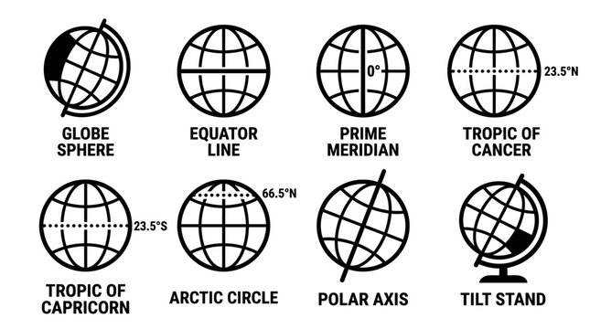 Educational collection of eight globe and coordinate system icons for cartographic reference with geography coordinates meridian cartography latitude longitude illustration navigation geometry