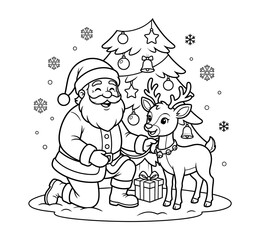 Fototapeta premium Outlined santa and reindeer sleigh vector design featuring a festive christmas scene for holiday coloring pages