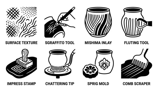 Set of monochrome icons showcasing pottery surface decorating techniques and texture tools with decoration sgraffito workshop technique creating chattering handwork illustration monochrome