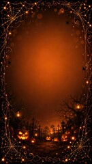 Obraz premium Halloween background with glowing spider web frame and jack o lantern pumpkins in misty night graveyard.