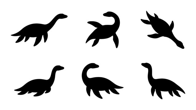 Nessie Loch Ness Monster Silhouette Icons, Prehistoric Marine Reptile Vector Set, Mythical Creature Graphics