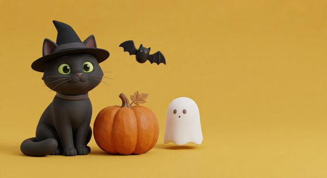 Cute Black Cat With Witch Hat, Pumpkin, Ghost and Bat On Yellow Background For Halloween