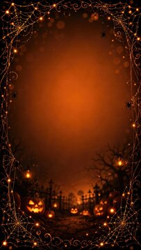 Halloween background with glowing spider web frame and jack o lantern pumpkins in misty night graveyard.