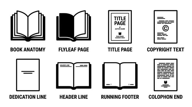 Collection of eight icons representing parts of a book and its structural anatomy components with literature copyright dedication colophon publishing education knowledge research literary