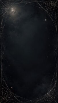 Spider web frame on dark night sky background with moon and hanging spiders. Halloween spooky backdrop with copy space.