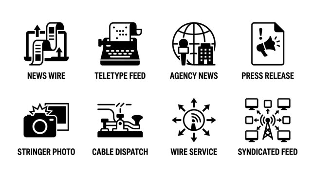 News distribution and electronic media communication icons with distribution teletype syndicated stringer dispatch communication broadcast journalism information technology transmission