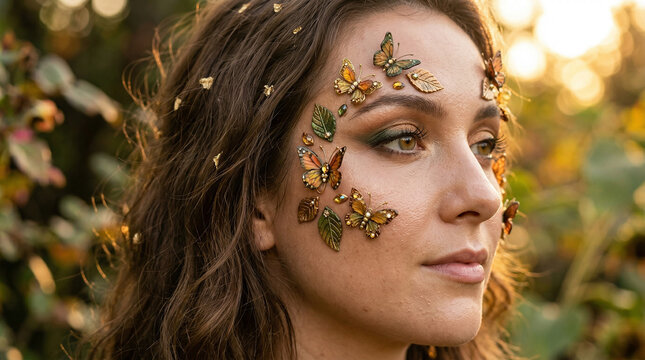 Woman face adorned with golden butterflies in nature perfect for fantasy beauty creative cosmetic art or magical storytelling aesthetics