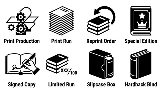 Specialized printing and binding icons illustrating production and limited edition book manufacturing with printing production hardback slipcase manufacturing bookmaking publishing industrial