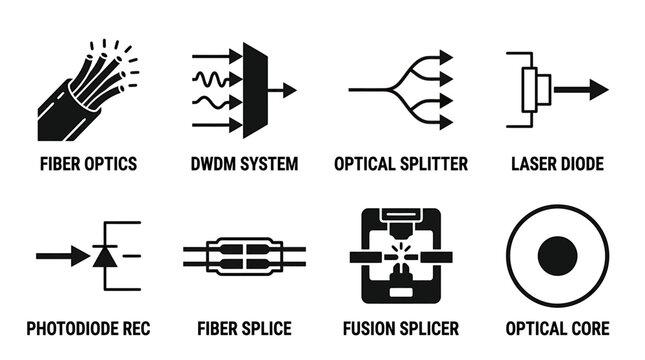 Set of fiber optic technology and telecommunications hardware icons with telecommunications hardware transmission connection communication splitter photodiode infrastructure engineering