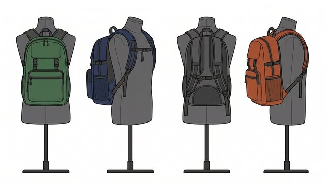 Display of various modern backpacks on mannequin torsos with backpack mannequin accessory collection presentation