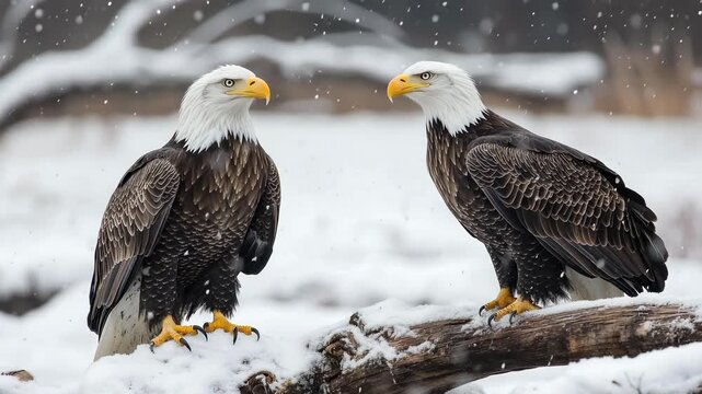 Two bald eagles standing on a log in a snowy winter landscape  
