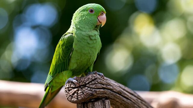 Green parrot perched on a branch with a natural blurred background  
