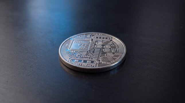 Cryptocurrency token concept photo. Silver coin with circuit board pattern resting on a dark surface. Blue light reflection. Financial technology visual for digital currency projects