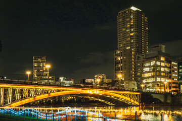 黄金色に輝く橋と高層ビル群の美しい都市夜景 © tokoteku_2018
