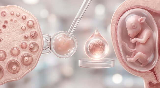 Ovine IVF ovary cutaway with immature follicles, microinjection, blastocyst culture droplet, and lamb fetus in uterine sac