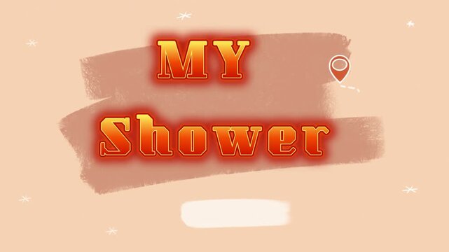 Animated text labels featuring my shower title design set against soft peach background illustration