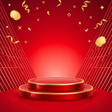 Empty red podium with gold trim and falling confetti for product display on festive celebration background