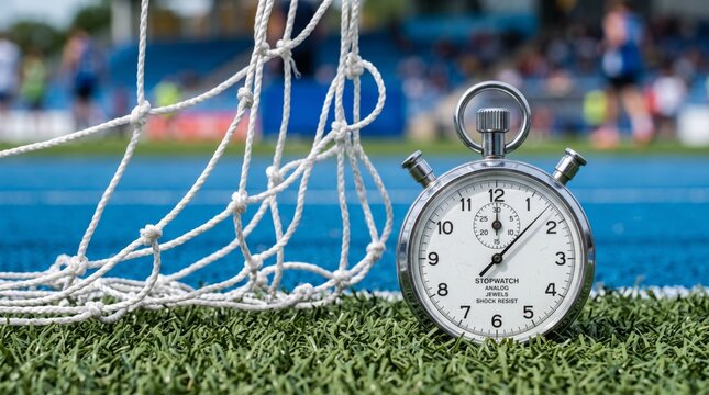 Analog Stopwatch on Grass Pitch Next to Net in Outdoor Stadium Track for Sports Time Tracking