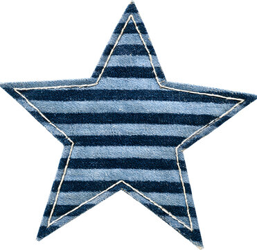 Striped denim star applique with white stitching, vintage handmade fabric patch for DIY, clothing embellishment and retro decor, isolated on a transparent background