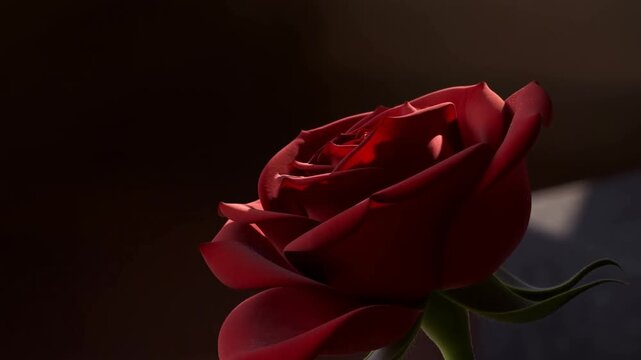 Red rosebud with green sepals in warm backlight against a dark background